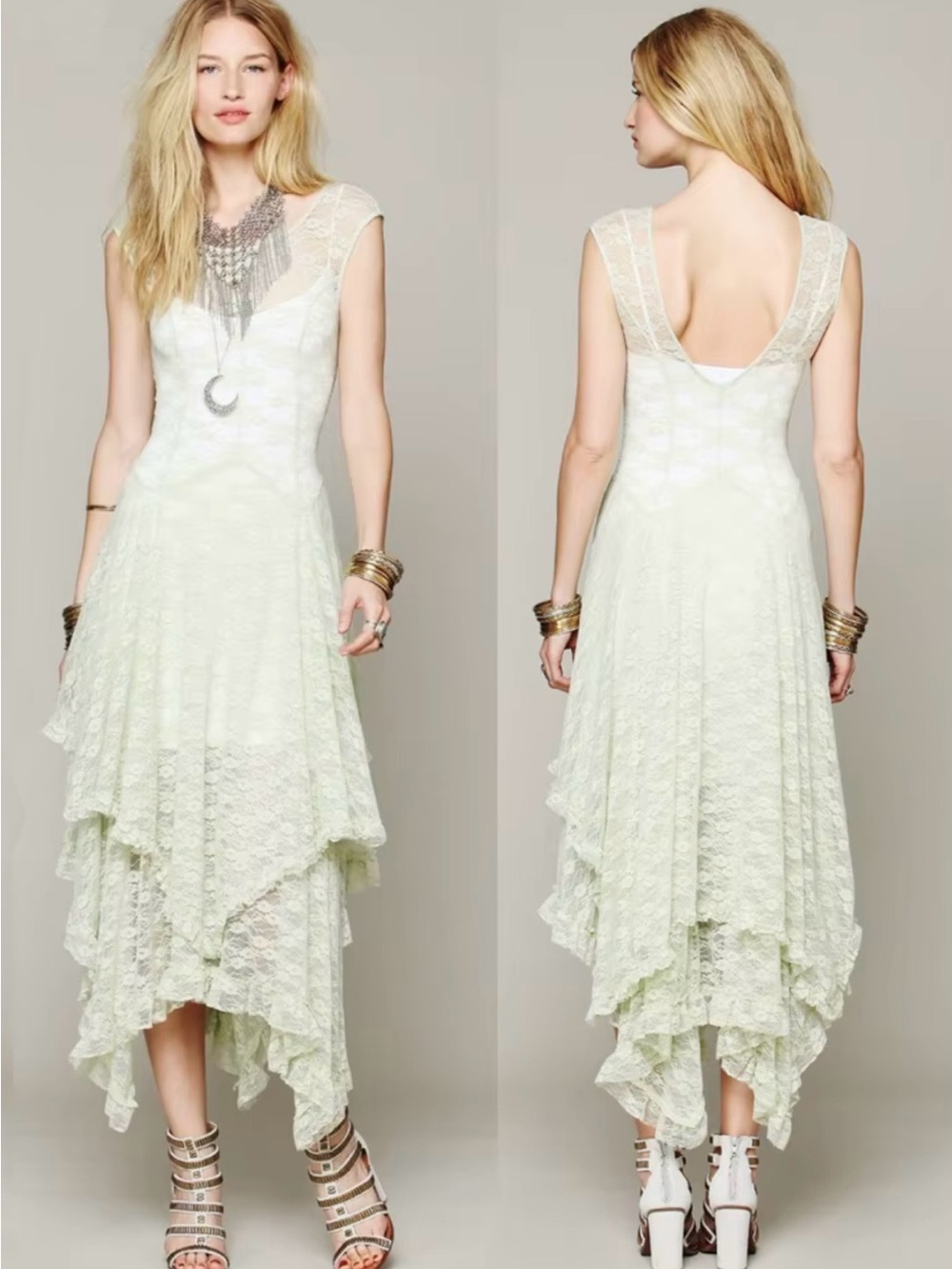 Lace Handkerchief Hem Sheer Dress in Pale Mint